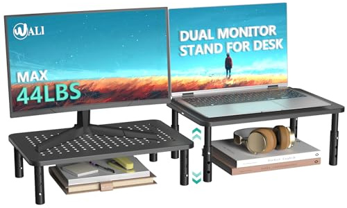 WALI Computer Monitor Stand Riser, 3 Height Adjustable Monitor Riser, Metal Desk Computer Stand for Office Home School Supplies, 37 x 24 cm, 2 Pack, Black (STT003-2)