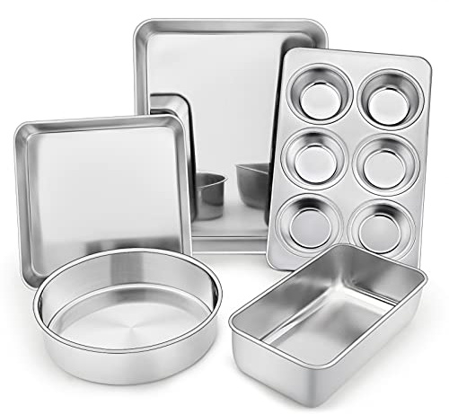 TeamFar Bakeware Sets, Stainless Steel Toaster Oven Baking Roasting Pans, Square/Round Cake Pan, Loaf Pan & Muffin Pan, Healthy & Heavy Duty, Smooth & Dishwasher Safe-5 PCS