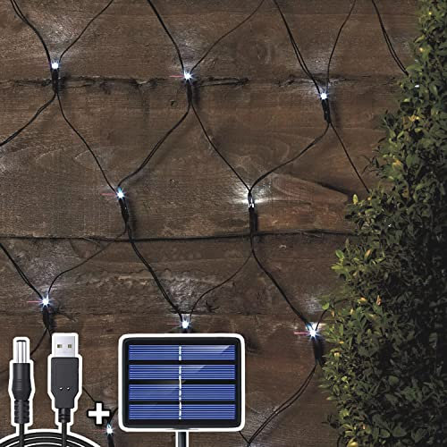204 LED Lichternetz, 3M x 2M Lichterkette Netzlicht Solar/USB-Betrieben, Wasserdichte Mesh Lichtervorhang, Christbaum Lichterkette für Weihnachten Party Garten Indoor Draussen Dekorationen, KaltesWeiß