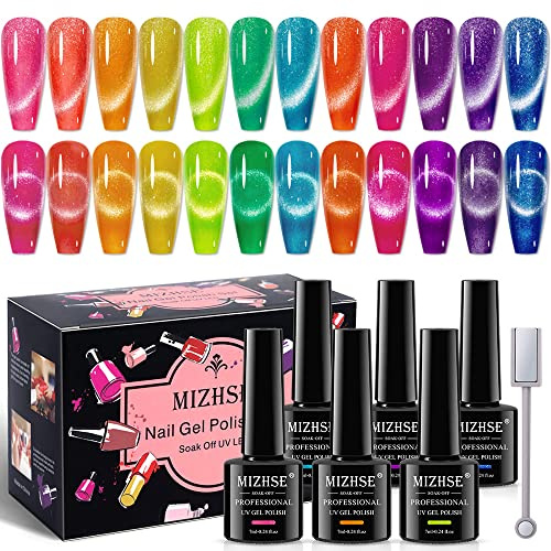 MIZHSE Cat Eye UV Gel, Neon Gel Nagellack Set, 12 Farben, Cateye Reflektierender Glitzer Nagellack Set, Nagelgel für Nageldesign/Nail Art/Nägel Salon, 7ml x 12