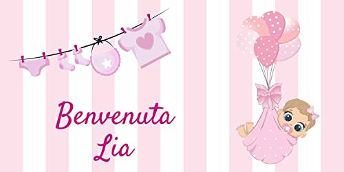BANNER STRISCIONE NASCITA PERSONALIZZATO BENVENUTA NOME NEONATO BIMBA ANCHE DA ESTERNO ROSA- BANNER PVC DA ESTERNO GARANZIA 5 ANNI (100x50 cm)