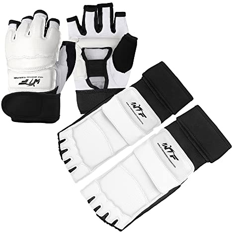 LangRay Set di Guanti da Boxe e Protezioni per Pie Protector, Guantoni de Taekwondo MMA Sparring Karate Arti Marziali Muay Thai UFC Sacco da Boxe Entrenamiento Kickboxing per Adult