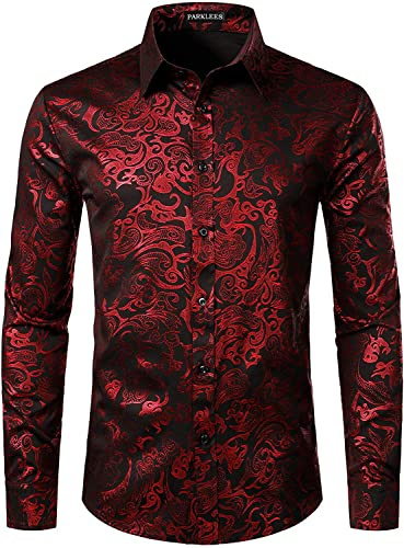 PARKLEES Camicia da uomo di lusso Paisley con motivo dorato lucido, slim fit, per il tempo libero, M
