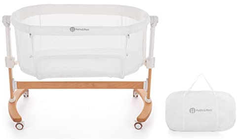 Petite&Mars Glory 2-i-1 sidosäng barnsäng med madrass, gungfunktion, vikbar sida, justerbar höjd, nätfönster, 4 hjul och transportväska – 0–6 månader, 9 kg