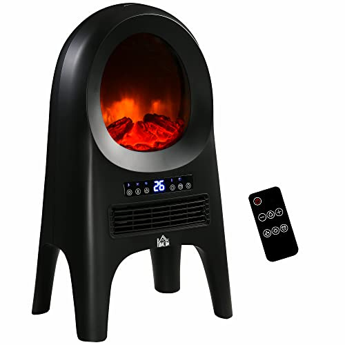 HOMCOM Camino Elettrico a 3 Modalità di Riscaldamento PTC, Caminetto Elettrico 1000W/2000W con Temperatura Regolabile, Spegnimento Automatico, Timer e Telecomando, 33.7x25.5x60.4 cm, Nero