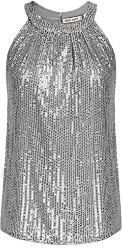 Damen Pailletten Casual Tops Elegant Bluse Ärmellose Neckholder Oberteile Silber Grau S CL1792A22-04