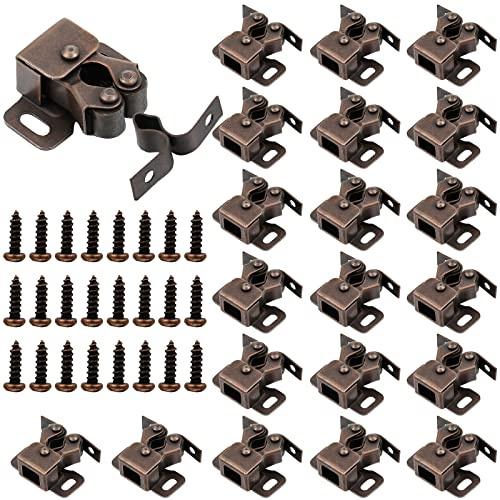 Bonuci 20 Pcs Cabinet Door Latch and Catch Hardware Double Roller Catch Cabinet Latches with Spear Strike for Closet Doors Kitchen (Brown Antique Copper)