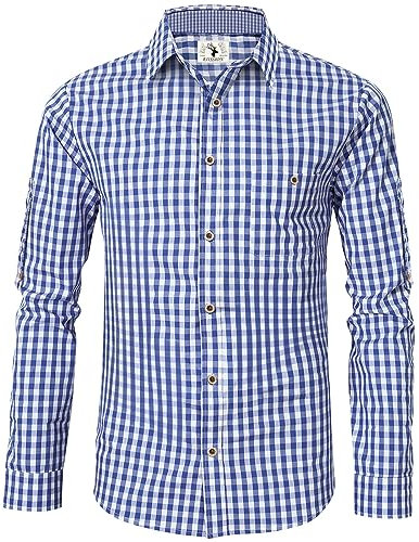 Trachtenhemd Herren Kurzarm Blau Oktoberfest Kariert Langarm Trachten Hemd Freizeithemd Karohemd Baumwolle Slim fit XL