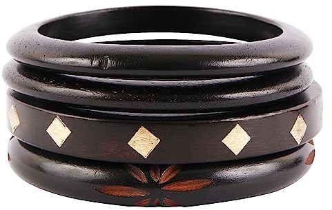 Ashi's Collection Wooden bengle One Flower Cutting, One Stud & Two Plain Thin Bangle set