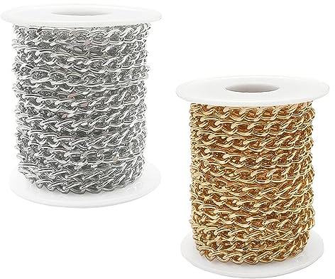 Fhioevt 2 Rotoli di Catena in Alluminio 5 Metri Catena Borsa Collane Fai da te Catena Collana Catena a Maglia Barbazzale per Realizzazione di Collane,Gioielli e Accessori Fai da te (Oro/Argento)