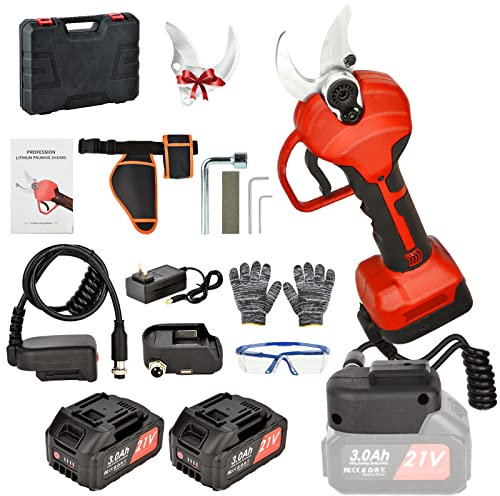 Vothen Tijeras de podar eléctricas de 40 mm - 2 baterías de 21 V/3000 mAh, Tijeras de podar eléctricas progresivas con cable alargador, tijeras de podar inalámbricas para jardinería (rojas)