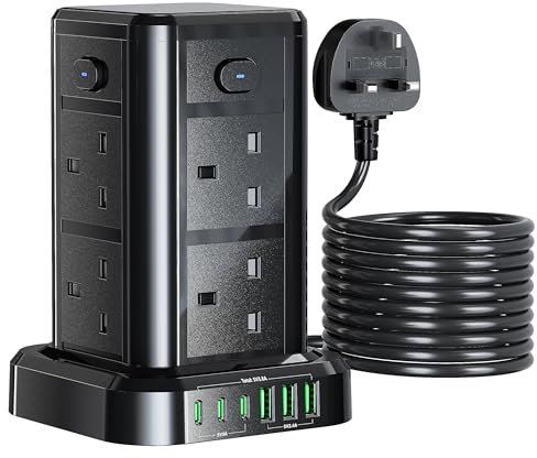 3M Tower Extension Lead with USB C Slots, Toomke Extension Tower 8 AC Outlets with 3.8A Multi USB Ports (3 USB C+3 USB A), Extension Plug Socket with 4 Individual Switches, Tower Extension Cord Black