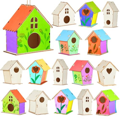 Juexica 15 Pcs 4 Wooden Birdhouses, Unfinished Wood Bird Houses Kits Arts and Spring Crafts Kids Wooden Bird Houses Bulk for Children to Build and Paint DIY Craft (Cute)