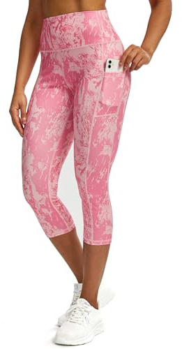 Tuspryt Leggings de Sport Femme 3/4 Capri Leggings Femme avec Poches, Pantalon de Sport Femme 3/4 Opaque Pantalon de Fitness Pantalon de Course Femme, Imprimé rose., XXL