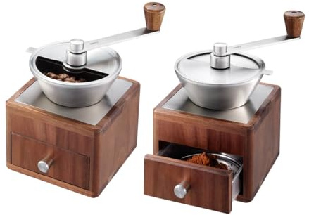 GEFU Kaffeemühle GIRO, 11-stufiges Keramikmahlwerk mit Skala, Bohnenbehälter 50 g, Schublade bis 7 Tassen, Akazienholz in Walnussoptik