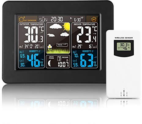 ALLOMN Estación Meteorológica Inalámbrica, Pantalla a Color LCD Digital con Sensor Reloj Despertador Monitor de Temperatura y Humedad para el Hogar la Oficina el Jardín y la Granja (Negro)