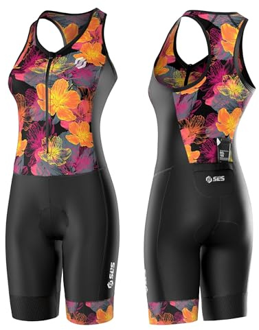 SLS3 Trajes de triatlón para mujer, traje de triatlón de una pieza para mujer, secado rápido y cómodo, sin brasier, Flores negras y amanecer, S