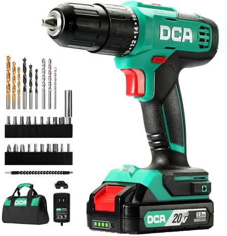 DCA Taladro percutor inalámbrico 20V, 40 Nm, portabrocas automático de 13 mm, 22500 IPM, 2 velocidades, 18+1+1, taladro de impacto con 14 brocas/destornilladores para ladrillo, metal y madera