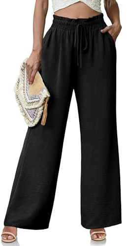 Lepunuo Flowy Wide Leg Pants High Waisted Palazzo Pants Casual Pants Boho Lounge Pants Vacation Travel Outfits A - Black