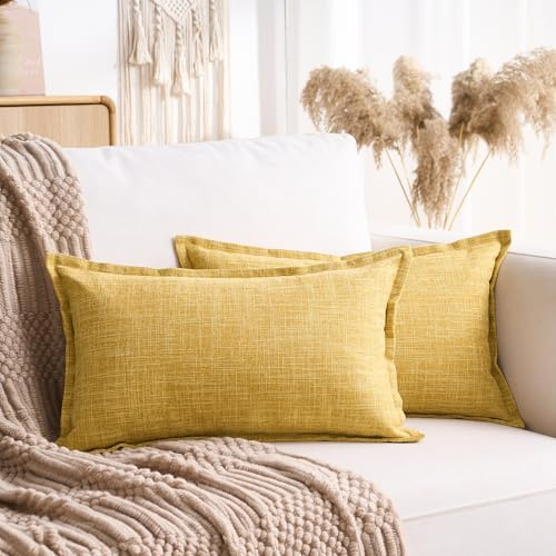 LRartdeco Funda Cojin 30x50 Boho Fundas de Cojines Decorativos Amarillo Mostaza Moderno Estilo de Casa de Campo Paquete de 2 Rectangular Fundas de Lino para Decoracion Sofa de Salon Dormitorio