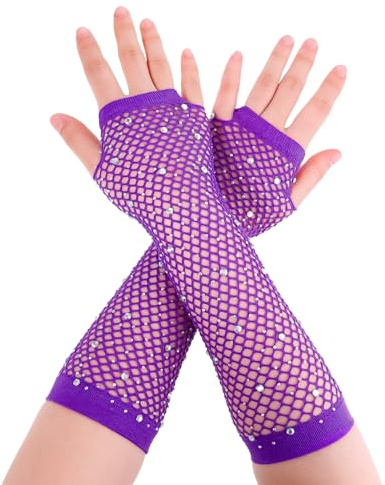 InnoHHustle 2 PCS Fishnet Rhinestone Fingerless Gloves Long Elastic Fingerless Net Mesh Gloves Purple Fishnet Glove 80s Arm Sleeves for Women's Costume Accessories Fancy Dress Party Costume