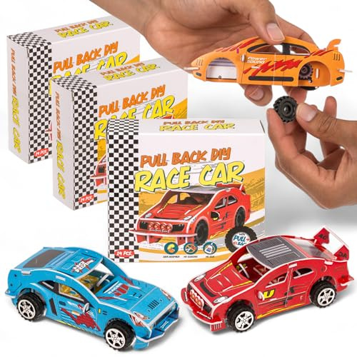 MIJOMA Juego de 3 coches de carreras de bricolaje – Kit de montaje sin pegamento ni tijeras, con motor de cuerda – diversión y carreras rápidas para niños