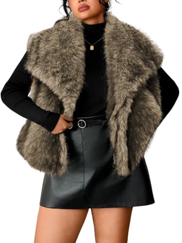ChiaoLezhee Womens Faux Fur Lapel Fuzzy Vests, Sleeveless Fluffy Collar Jacket with Pockets, Warm Winter Outerwear Plus Size, Coyote Brown, Medium