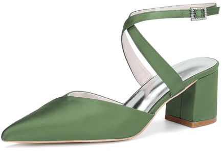 KYEGLO Zapatos De Tacón con Punta Afilada Y Tacón Cuadrado para Mujer Y Sandalias con Tacón Grueso Y Punta Cerrada con Correa Cruzada En El Tobillo, para Bodas Y para IR Al Trabajo,Light Green,40 EU