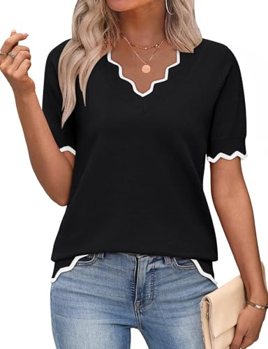 Syphiby Women's V Neck Short Sleeve Tops Ladies Summer Spring Lightweight Jumpers Casual Ribbed Knit Sweater Tops for Women Business Casual Outfits