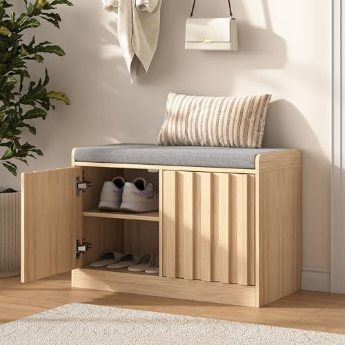 UEV Shoe Storage Bench with Cushion Seat, Wooden Slat Shoe Cabinet with Doors & Shelves, Entryway Hallway Storage Bench, Ideal for Flats & Slippers, Natural Wood, 66W x 32D x 44H cm