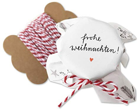 25 MINI Marmeladendeckchen - Frohe Weihnachten - weihnachtliche Gläserdeckchen Weiß für Marmelade Weihnachtsgeschenke, ideal für kleine Gläser, Recyclingpapier Abreißblock + 10 m Garn + Justiergummi