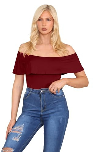 Janisramone Kvinnor damer nya från axeln volang krause bardot nivå bodysuit ärmlös tröja topp, Wein, L/XL
