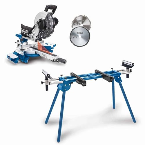 Scheppach Scie à onglets HM254 | 2000W | Lame Ø255mm| Avec support UMF2000 | avec démarrage progressif & laser Largeur/hauteur de coupe : 340mm x 90mm |Scie radiale | 2ème lame incluse