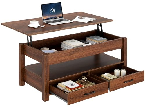 Rolanstar Coffee Table, Lift Top Coffee Table with Drawers and Hidden Compartment, Retro Central Table with Wooden Lift Tabletop, for Living Room,Espresso
