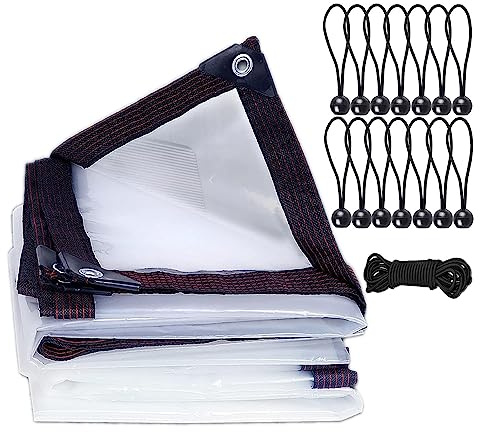 3 x 3m Clear tarpaulin Waterproof heavy duty,with eyelets tarpaulin Cover,Windproof transparent tarpaulin Cover,For plant greenhouses, gardens and balconies,with 14 Bungee Balls and 6 M Ropes