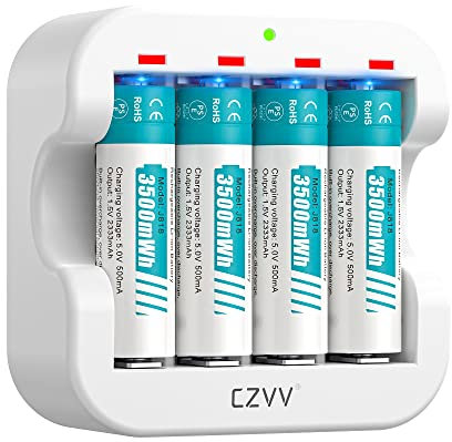 czvv Pilas Recargable AA Litio 1,5V - Capacidad Alta 3500mWh 4 Pack Baterias Lithium con Cargador Ultra Rápido 2H - Larga Duración 10 Años,1300 Ciclo, Salida Constante, Ratón, Teclado, Gamepad