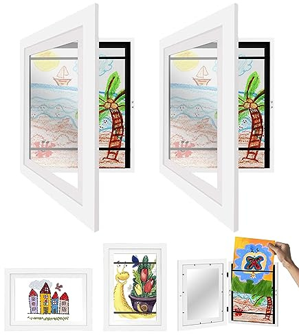 2 Pezzi Cornice da Disegni per Bambini da cambiare,Cornici per Foto d'arte per Bambini Montata a Parete Cornice per foto Artistiche Incernierata con Apribili Frontale Cornice in Legno A4,Bianca