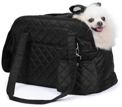 HAPPY HACHI Tragetasche Hund und Katzen, Hundetasche für Kleine Hunde mit Schultergurt und Fleece Matte, Tragbare Gepäckträger Mesh Atmungsaktiv Katzentragetasche bis 7 kg (Schwarz)