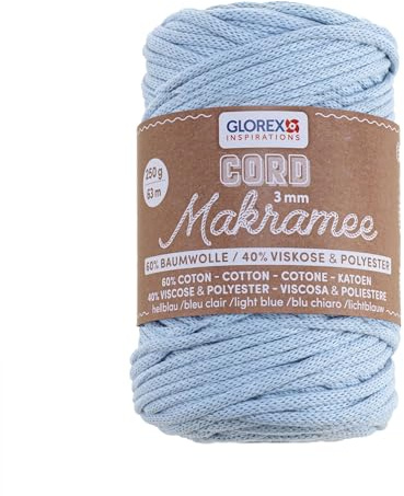 Glorex 5 1006 33 - Cordoncino macramè 3 mm, 250 g, Azzurro, Lunghezza 63 m, Filato Tessile Intrecciato, 60% Cotone, 40% Viscosa e Poliestere, per Uncinetto, Maglia, annodatura e Disegno