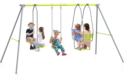 Outsunny Balançoire portique pour Enfant 3 en 1 avec 1 Face à Face et 3 agrès, balançoire de Jardin, Structure en métal, Charge Max. 225 kg, Aire de Jeux extérieure, Vert