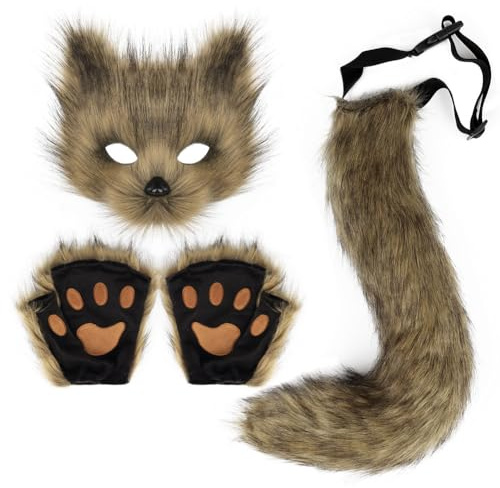DRESHOW Cola de Zorro de Piel Sintética Peluche Gato de Lobo Máscara Disfraz de Fiesta de Halloween Guantes de la Pata Cosplay Set para Mujeres