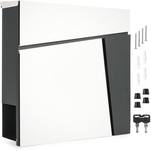 BRUBAKER Buzón con Compartimento para Periódicos - Moderno, Grande y Resistente a la Intemperie - Buzón de Diseño de Pared de Aluminio y Acero Galvanizado con 2 Llaves - Blanco y Antracita