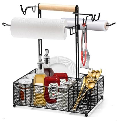 Grill-Caddy für Outdoor-Grill, Grill-Caddy mit 6 Haken zum Aufhängen, Grillzubehör, Picknick- und Camping-Zubehör mit Papierhandtuchhalter, Grill-Caddy, Camping-Caddy für Teller und Utensilien