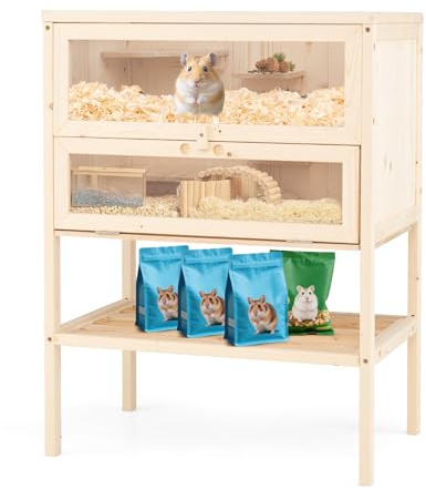 COSTWAY Hamsterbur trä, smådjursbur med ramp, fällbart nät tak, låsbar dörr och hylla, musbur hamstervilla flersteg, träbur för små djur, 60 x 40 x 80 cm, natur
