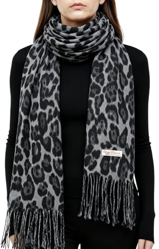 HZHSGLY Leopard Print Scarf, Leopard Scarf Winter Soft Warm Animal Print Blanket Wrap Shawl UK, for Women Ladies Christmas Birthday Gifts (Gray)