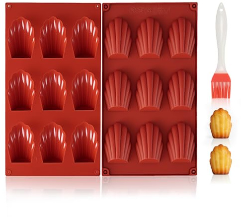 VINATO 2 Piezas Moldes de Silicona para Magdalenas con Brocha, 9 Cavidades Antiadherentes, Sin BPA, Moldes en Forma de Concha para Pasteles, Ideales para Chocolate, Galletas y Budine