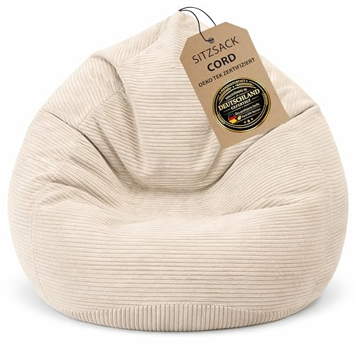 BuBiBag Premium Sitzsack Cord XXL – Fertig befüllt & Oeko-Tex Zertifiziert – Kratzfester Breitcord Gaming Sessel – Robuster Bean Bag für Kinder & Erwachsene – Pflegeleicht (Beige 120x95cm)