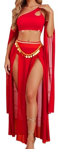 CEWIFO Lingerie Sexy Hot per Sesso Hard XXL Costume Esotico Danza del Ventre in Rete Trasparente con Decorazioni a Frange e Paillettes Abito Lungo Elegante (Red, S)