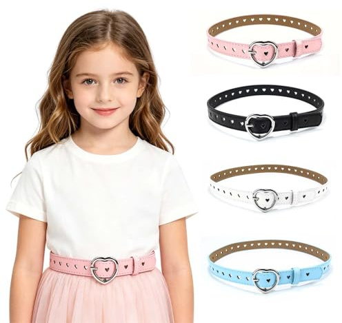 Zirax 4 Pack Kids Belt for Girls, Adjustable PU Leather Cute Heart Belt with Alloy Buckle, 90cm Waist Belts for Jeans, Dresses, School Uniforms Black, White, Blue, Pink