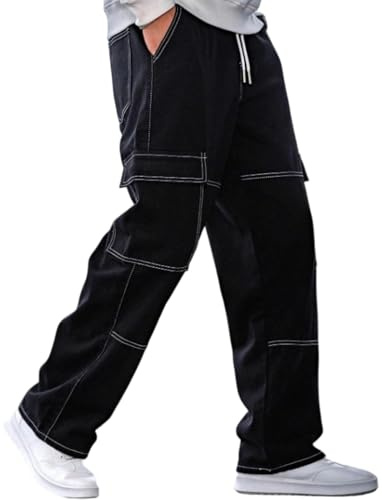 PADOLA Jean Homme Cargo Baggy Y2K Pantalon de Travail avec 6 Poches Taille Elastique Denim Jeans Jambes Larges Regular Fit Pantalons Coupe Droite Streetwear Décontracté Ample (0 Noir, XL)